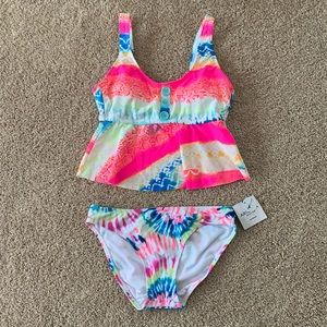 ARIZONA Junior’s Neon Pink Tie Dye Animal Two Piece Swimsuit NWT